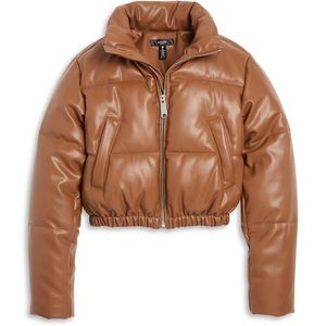 AQUA NWT brown faux leather puffer jacket XS